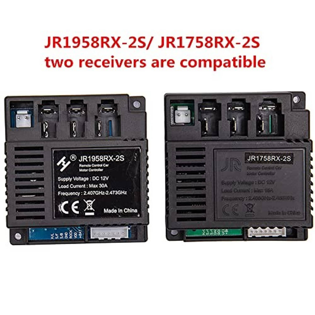 Set of two black DC 12V receiver controller modules side-by-side with terminals