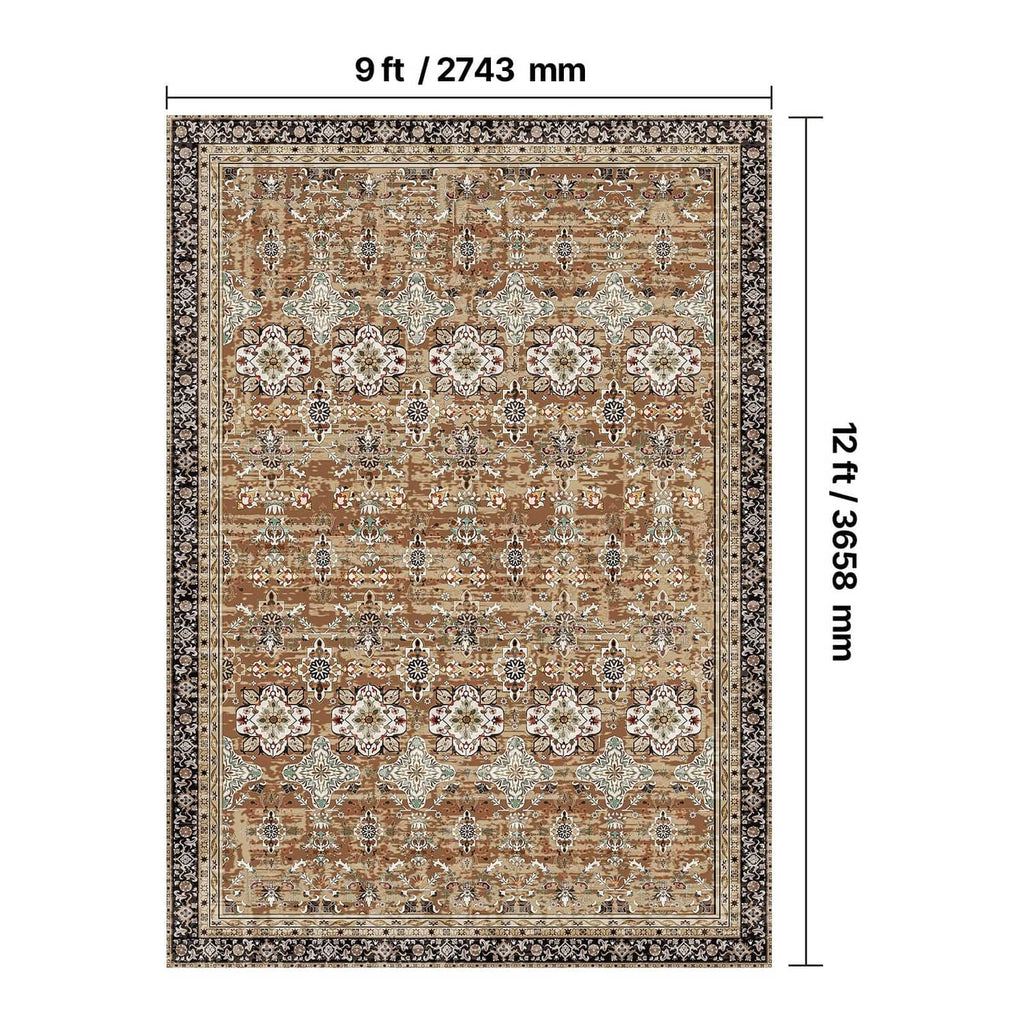 Vintage area rug dimensions view, ornate border, brown and teal tones, 9 ft x 12 ft