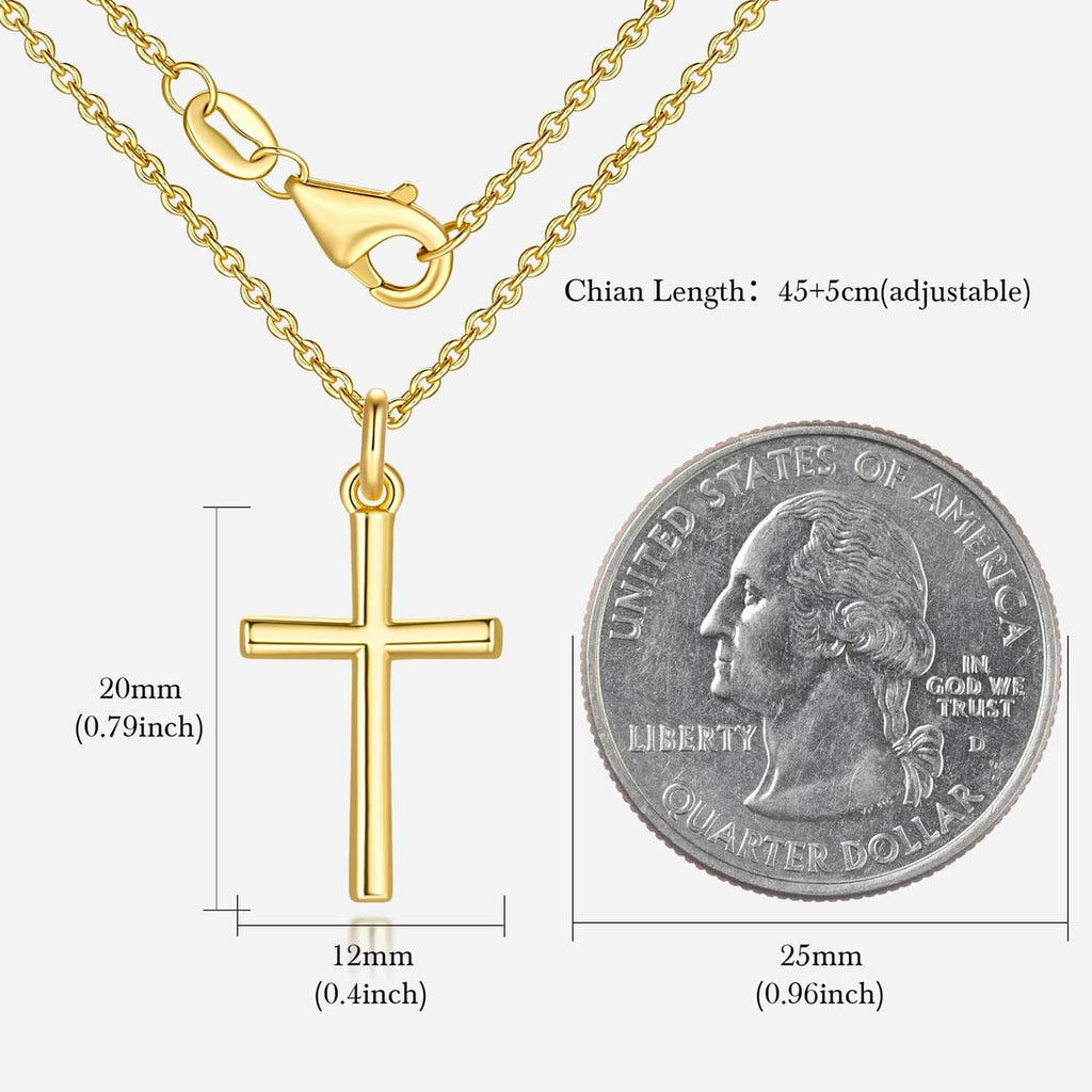 Gold-tone cross pendant necklace with layered cable chain, detailed pendant view