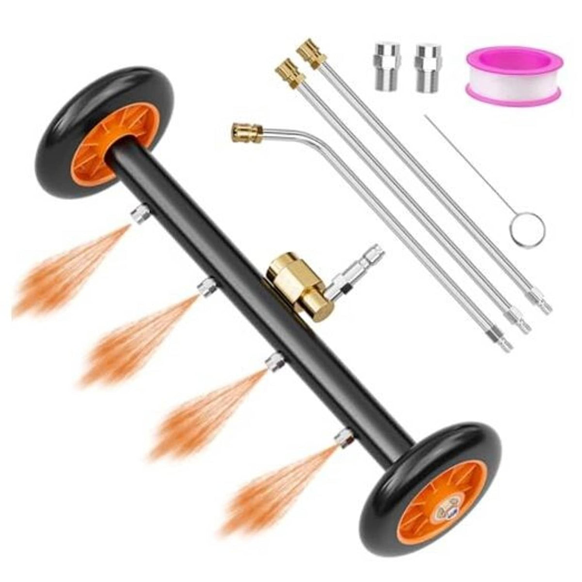 Undercarriage pressure washer attachment with black bar, orange wheels, brass fittings
