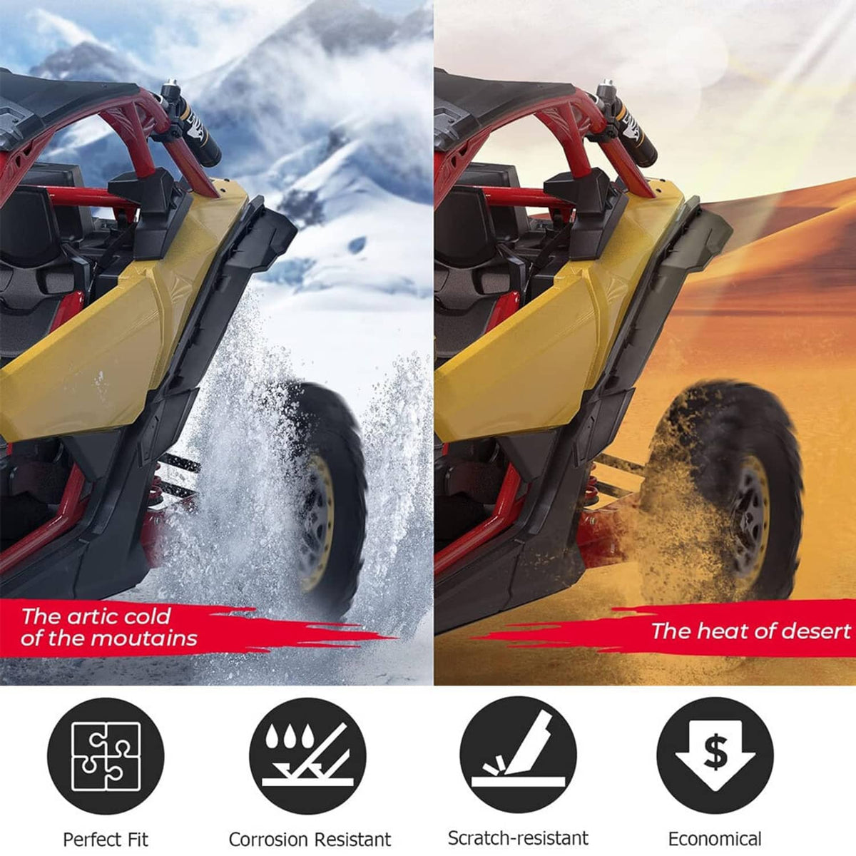Black fender flare installed on UTV side beside the front wheel