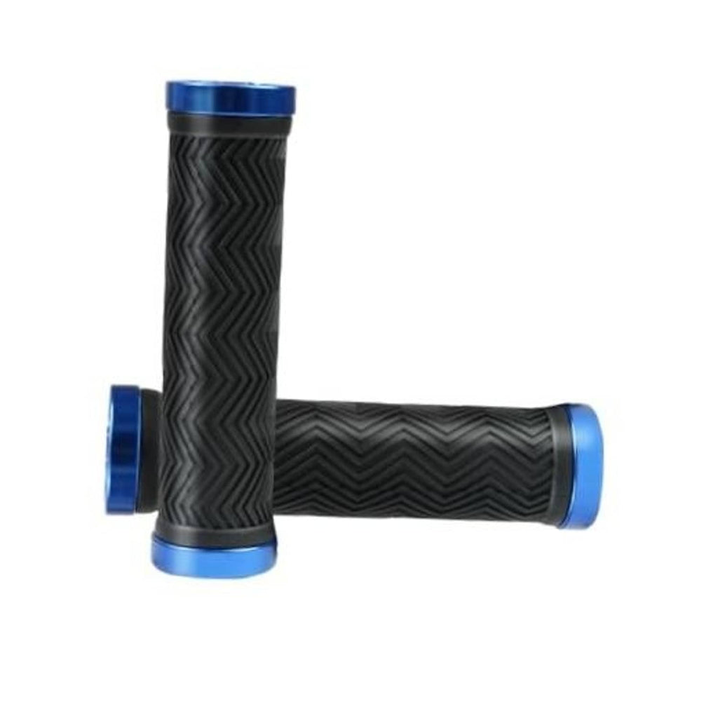 Bike handlebar grips, black rubber with zigzag texture and blue aluminum lock rings.