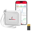 White Bluetooth thermometer hygrometer with lanyard and app temperature graphs