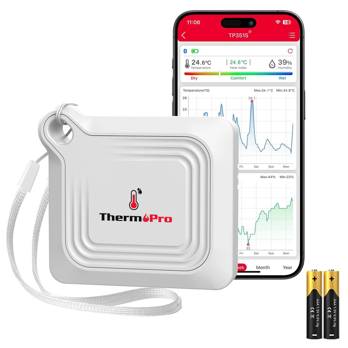 White Bluetooth thermometer hygrometer with lanyard and app temperature graphs
