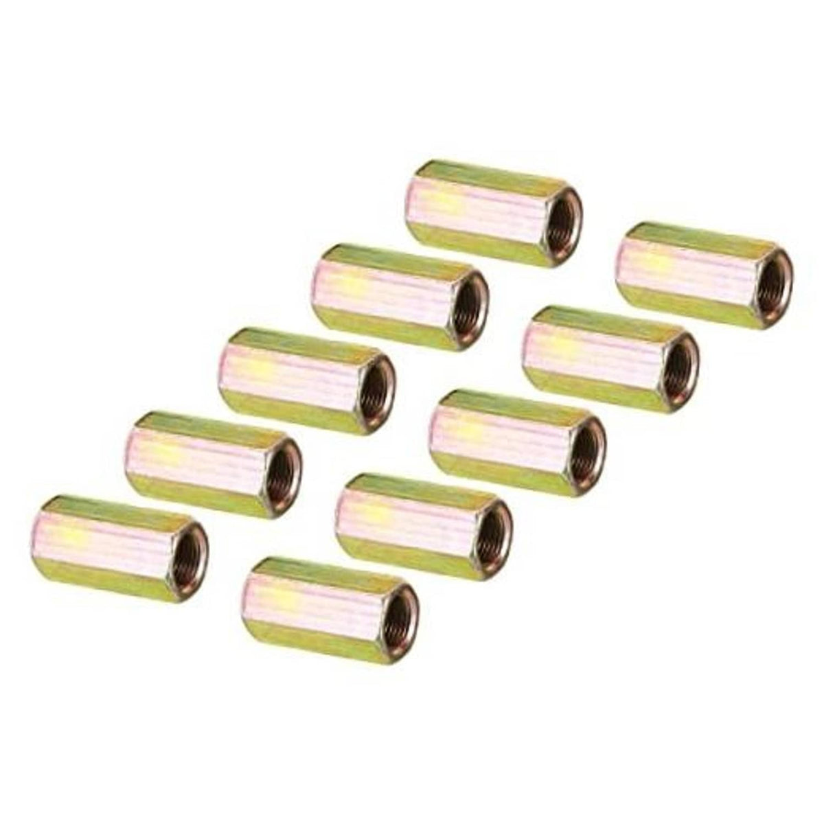 Hex coupling nuts set with female threads, zinc-coated steel sleeves, iridescent finish (10)