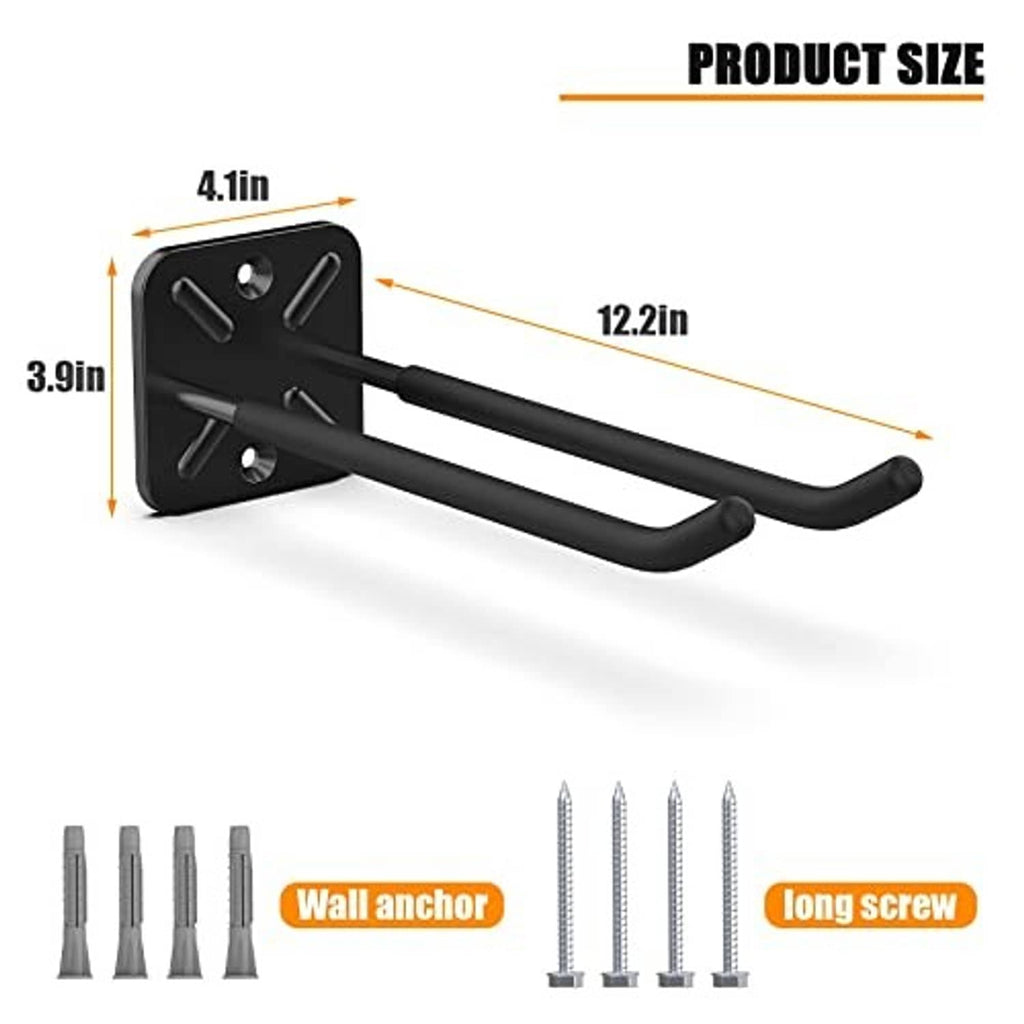 Black wall-mount hook with labeled dimensions and included mounting hardware