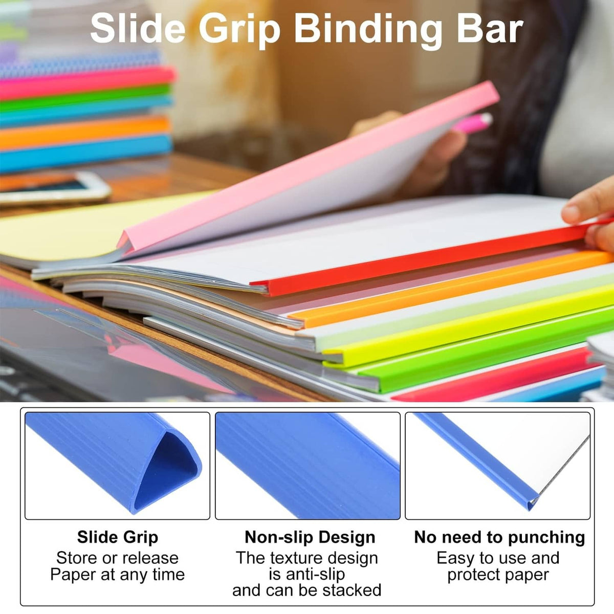 Colorful slide-grip binding bars for binding papers without punching, bar tip close-up
