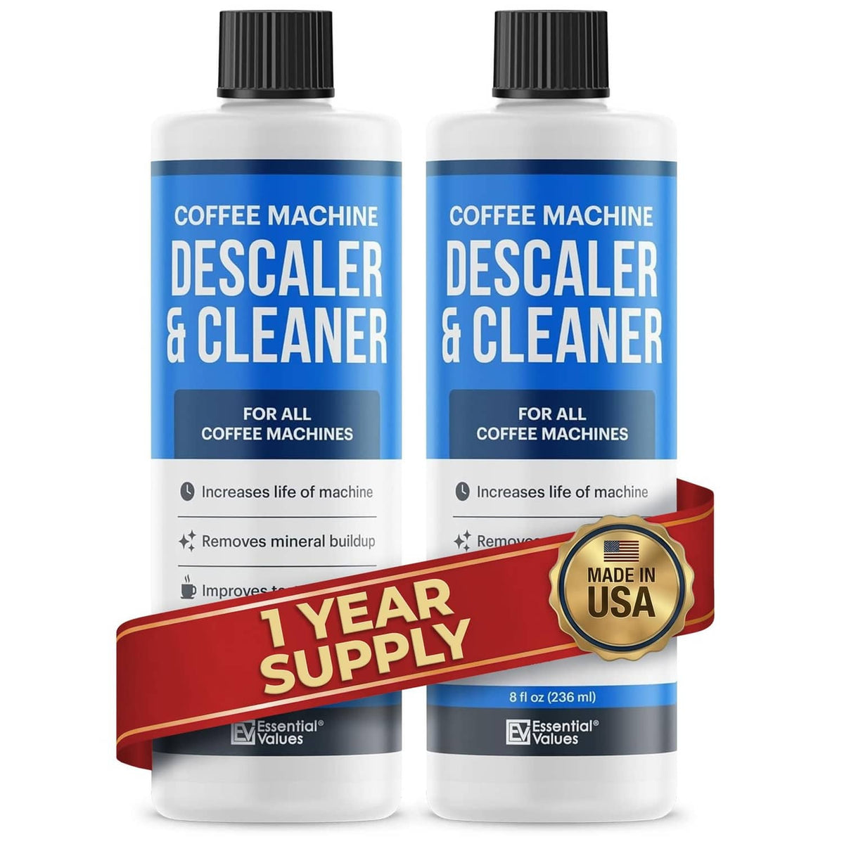 Two 8 fl oz coffee machine descaler bottles with black caps and blue labels