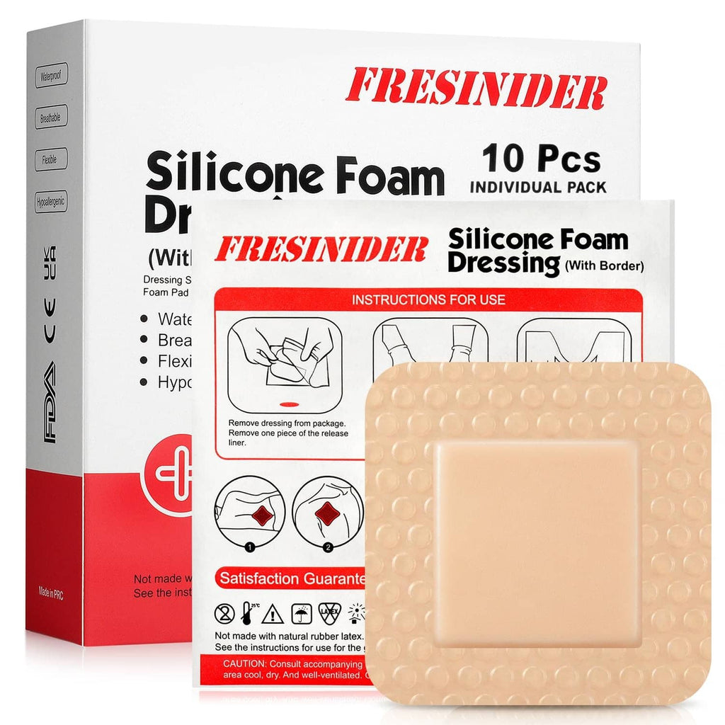Silicone foam dressing with adhesive border, beige square pad