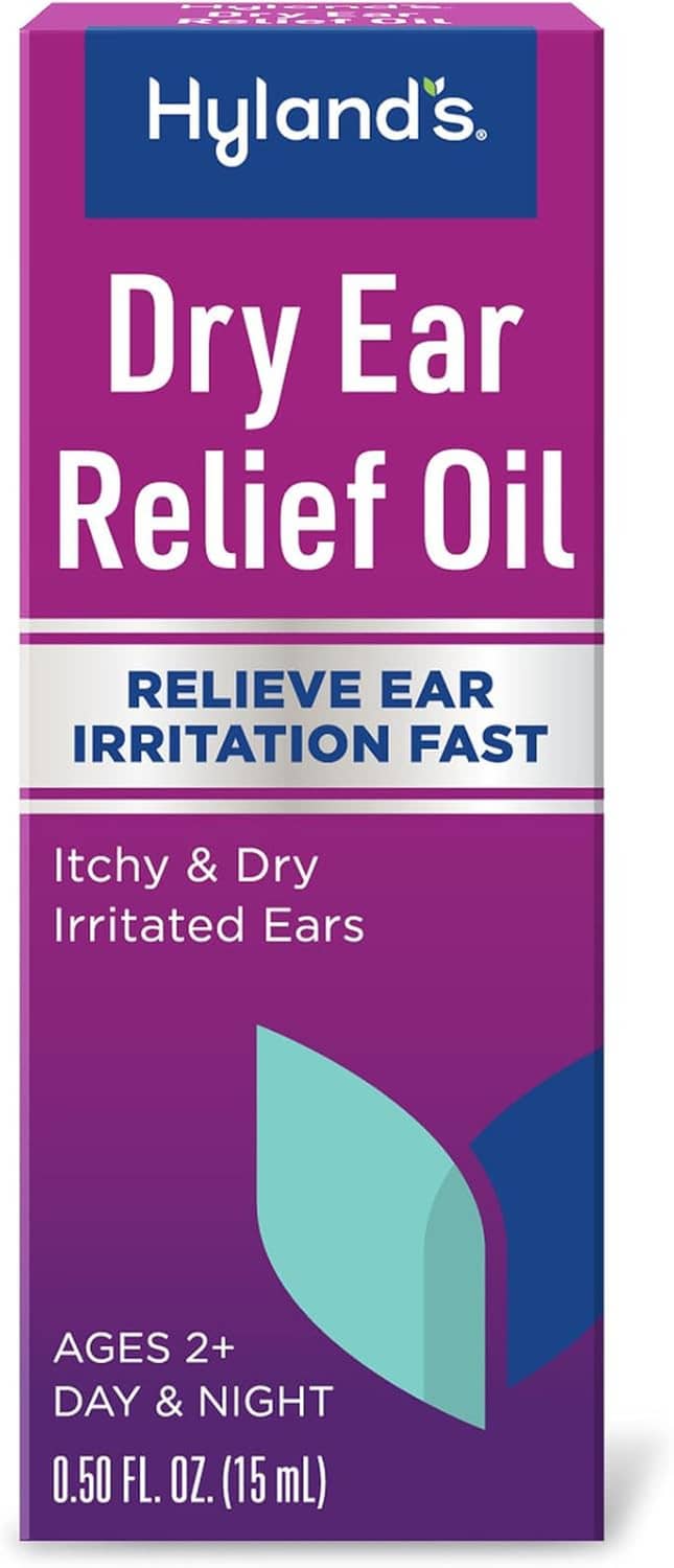 Purple ear relief oil product box front showing itchy and dry irritated ears