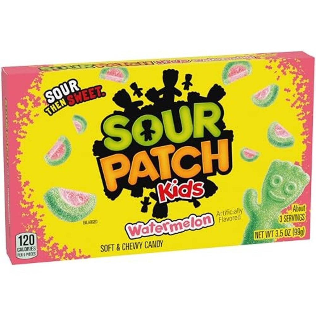 Sour Patch Kids watermelon soft and chewy candy box, bright yellow with fruit graphics