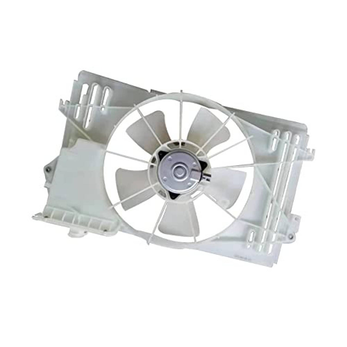 Radiator cooling fan with white fan blades, circular hub, and gray bracket