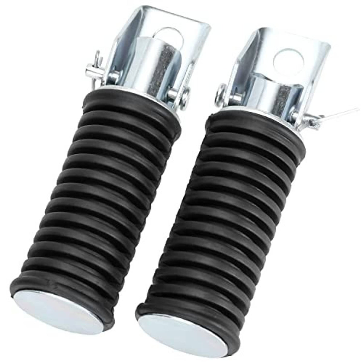 Mini bike foot pegs with black ribbed rubber ends and silver mounting caps, pair