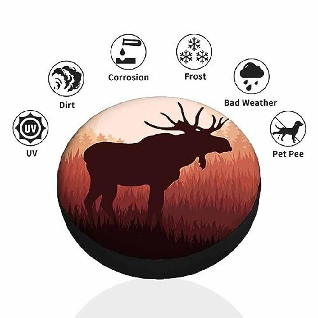 Moose spare tire cover with moose sunset design and durability icons around it