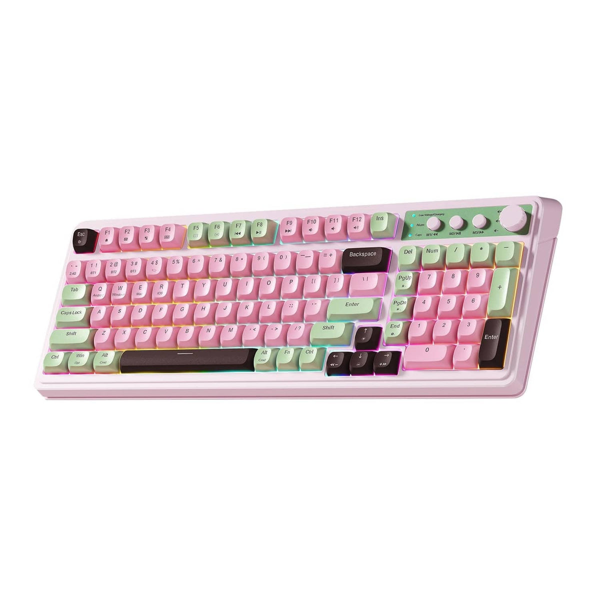 Cream, pink, and green wireless gaming keyboard with mechanical keycaps and black spacebar