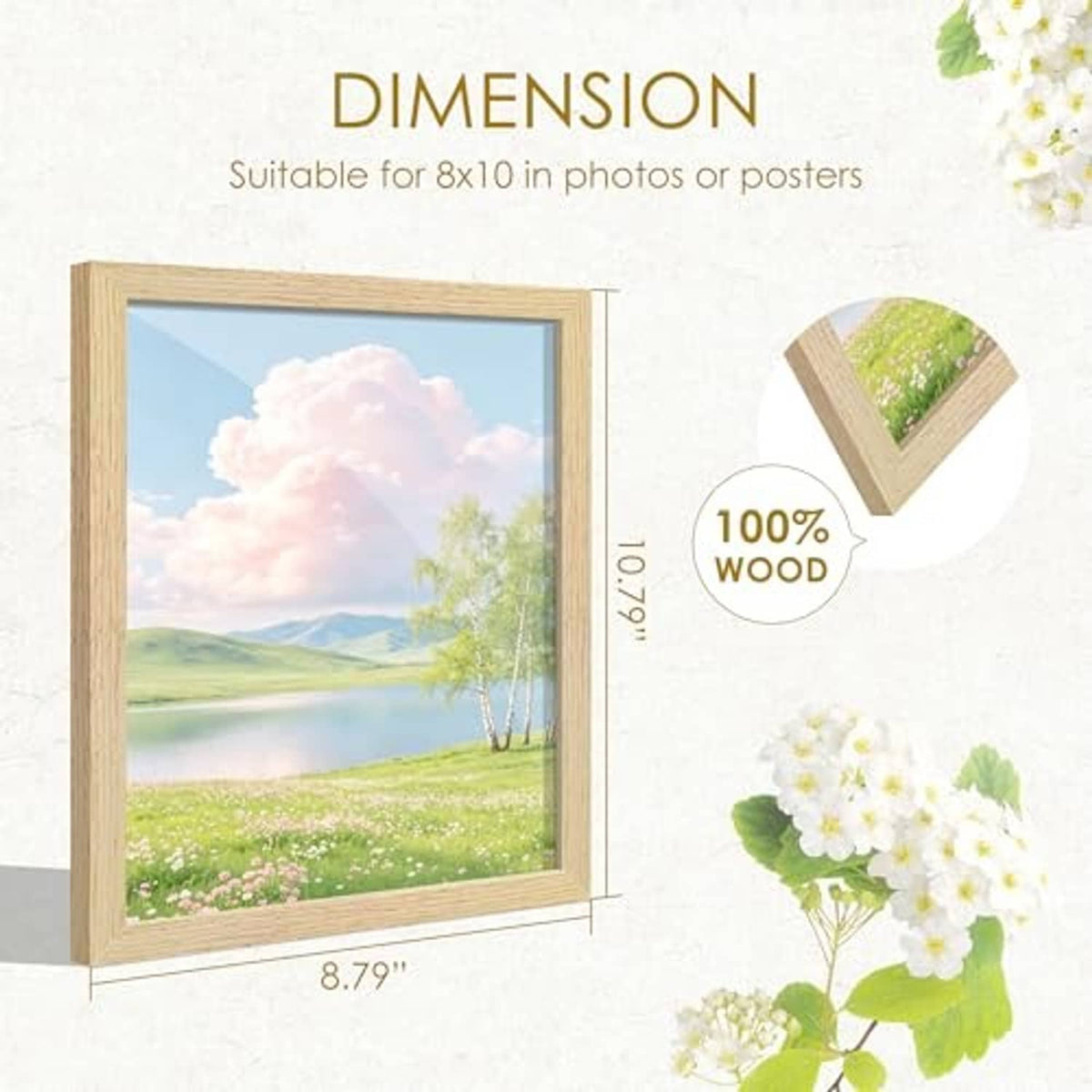 Wood photo frame size diagram for 8x10 photos, labeled height and width