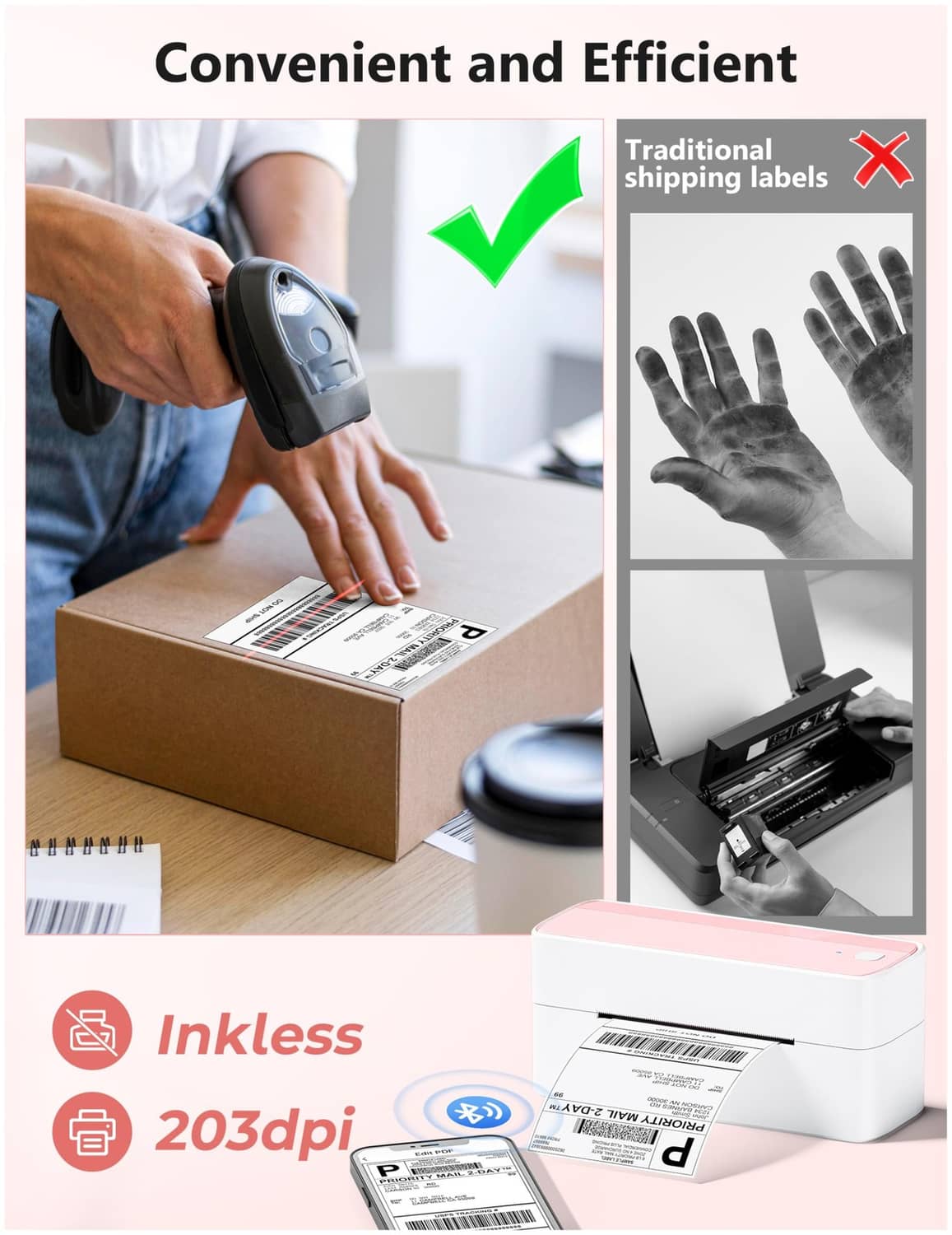 Pink and white Bluetooth thermal label printer with shipping label printing