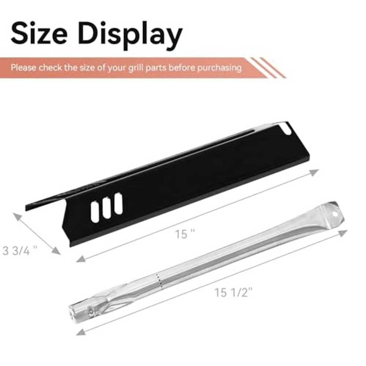 Black grill burner heat shield with vent slots and two stainless tube igniters