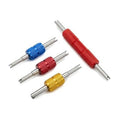 Set of dual-head A/C valve core remover tools with red, blue, red, and gold handles