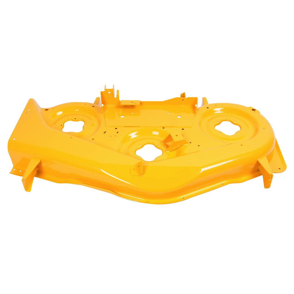 Yellow steel mower deck shell with circular openings and central reinforcement parts