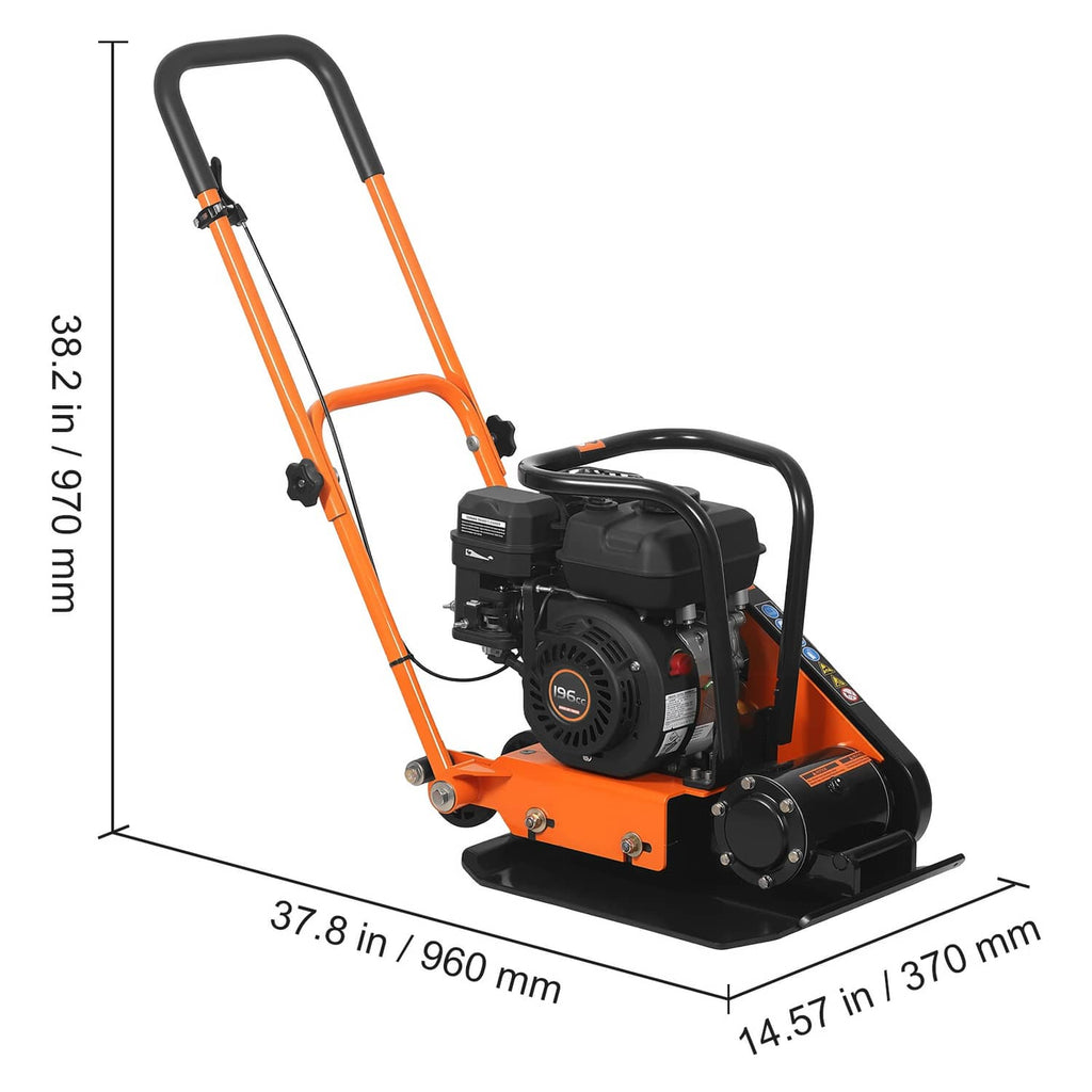Orange and black vibrating plate compactor with top engine housing and front control