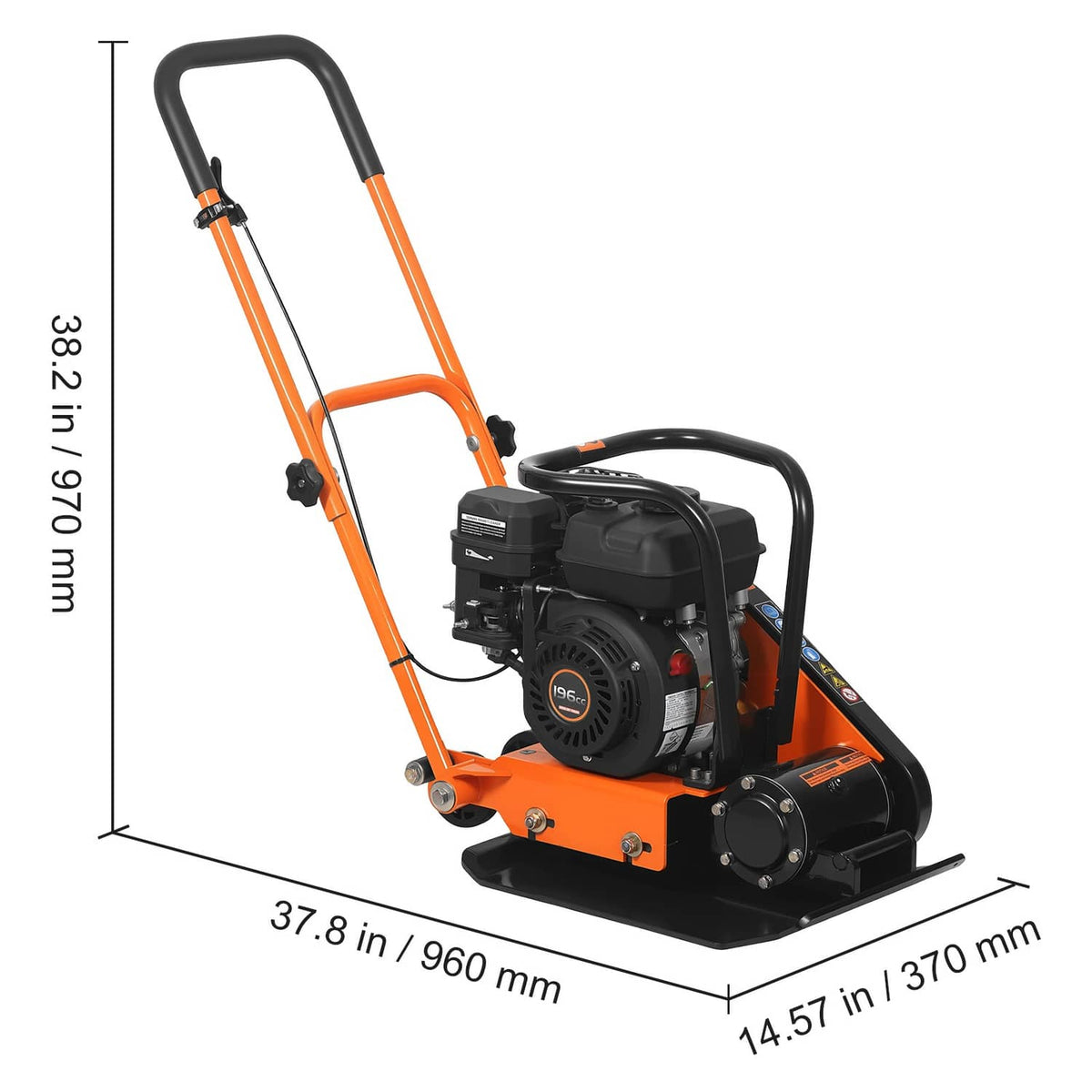 Orange and black vibrating plate compactor with top engine housing and front control
