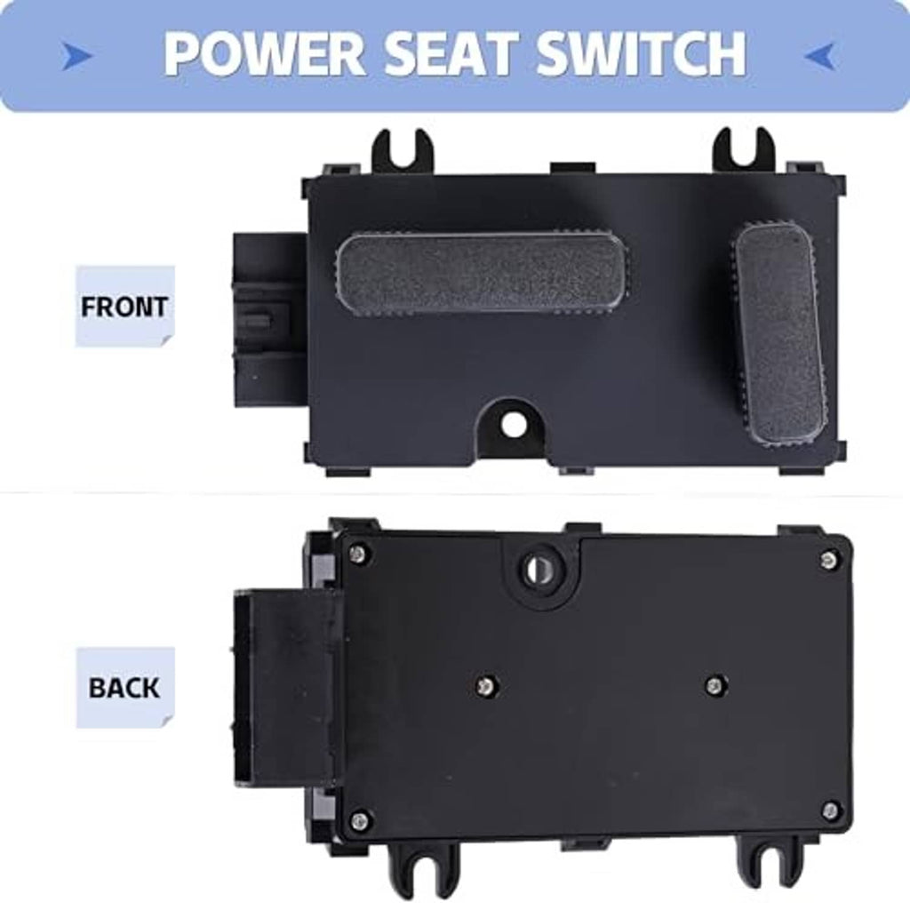 Power seat switch panel with textured center window and side tabs, black plastic