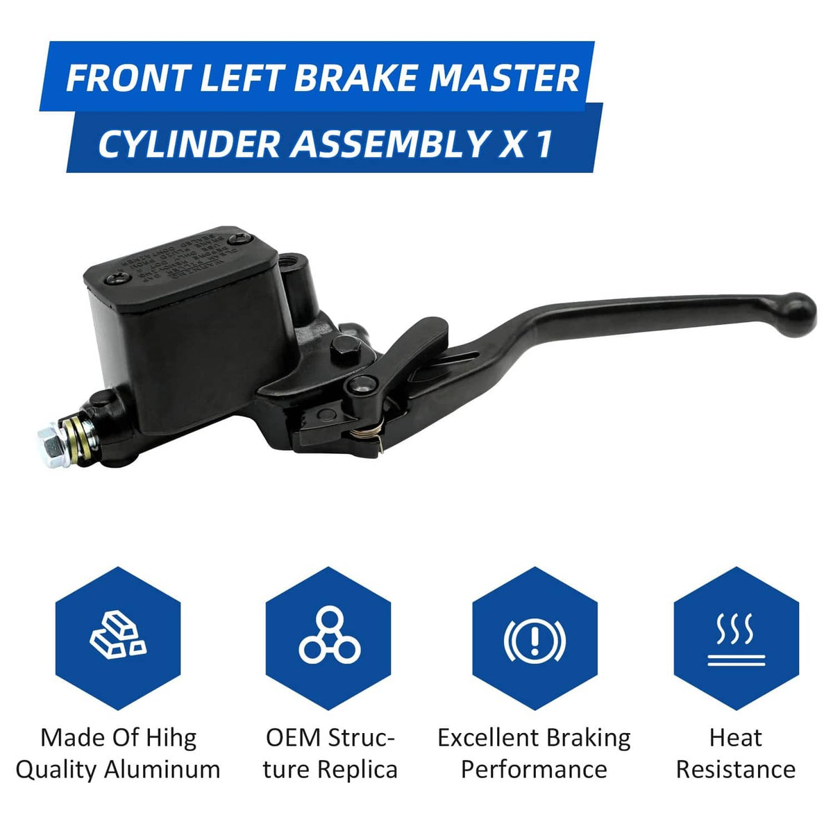 Front left brake master cylinder assembly with black housing and long lever
