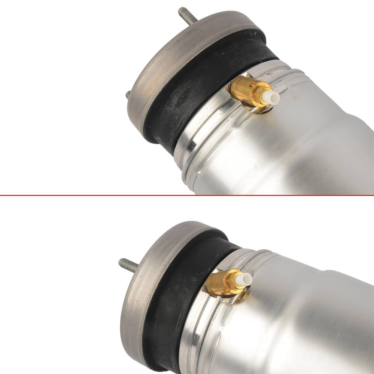 Front air suspension strut lower mount detail with silver cylinder and black air spring seal