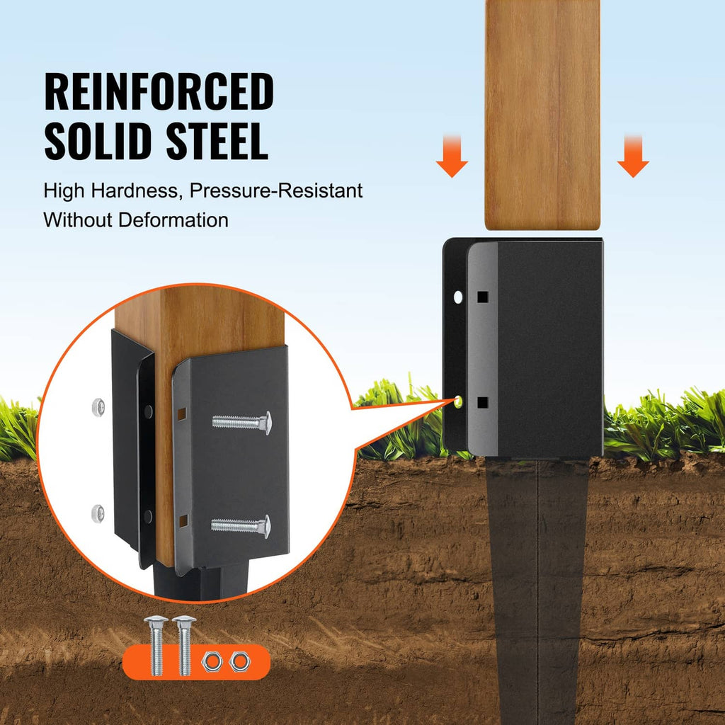 Fence post ground anchor spike with square bracket for securing a wooden post.