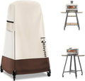 Pizza oven cover with cream top and dark brown bottom, black trim, on wheels.
