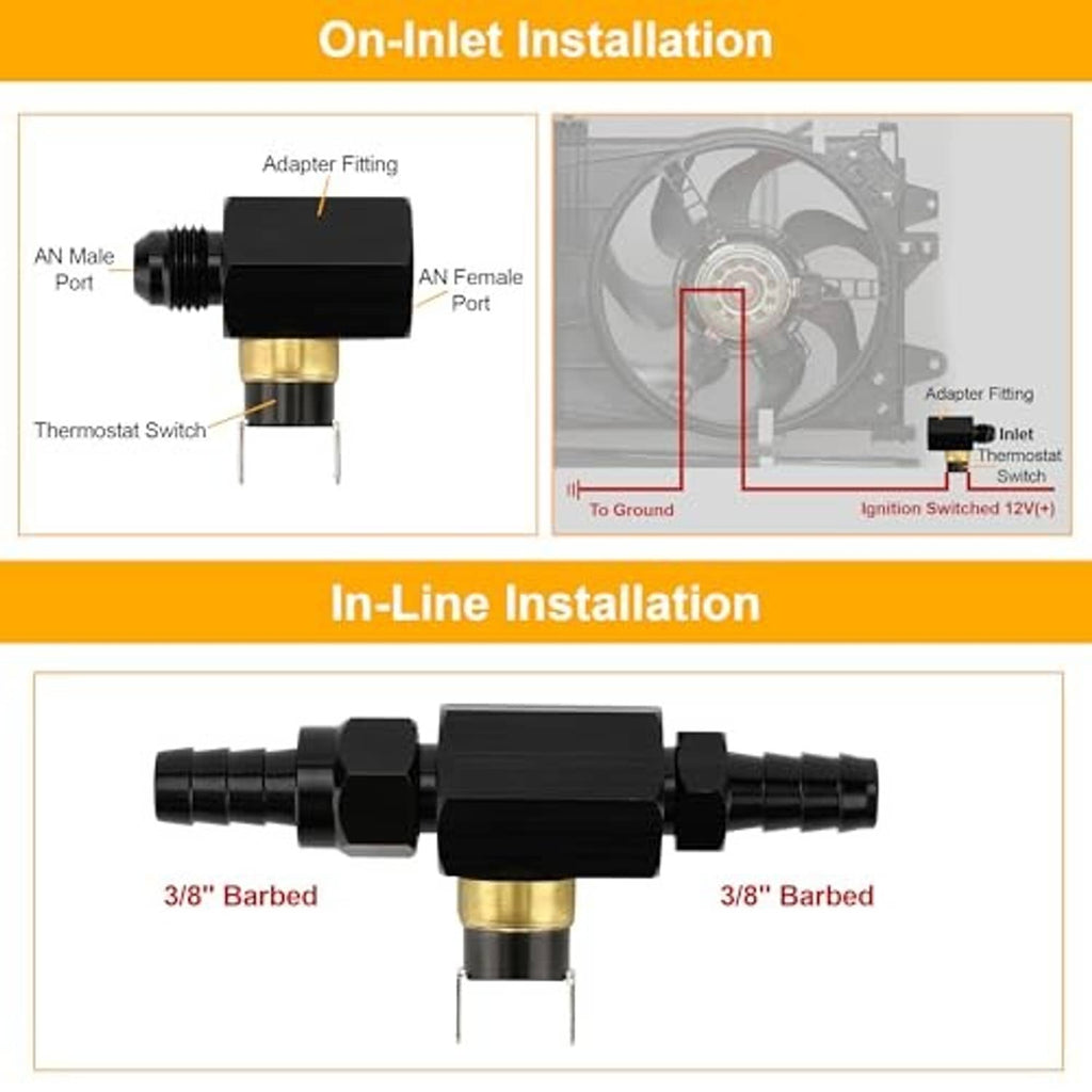 In-line installation wiring diagram for engine fan thermostat switch with adapter fittings