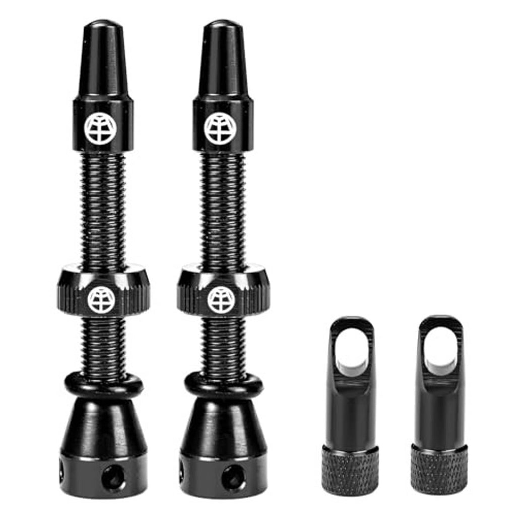 Black alloy tubeless Presta valve stems with caps, showing valve shaft and base