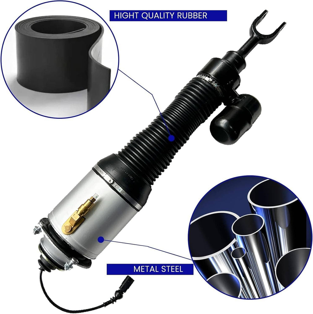 Air suspension shock absorber with black spring, silver body, and rubber boot seal