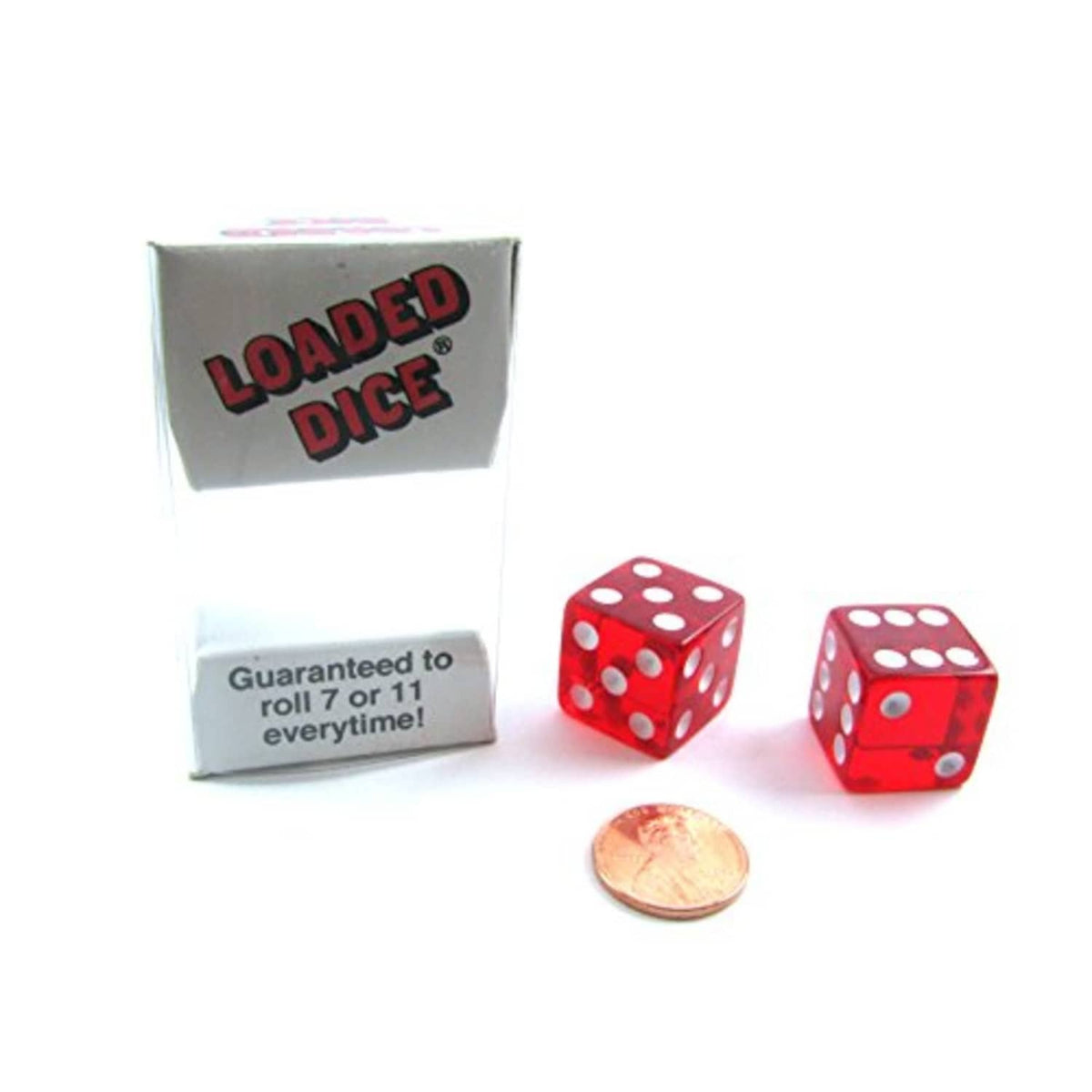 Transparent loaded dice game with two red dice and white pips, plus small copper coin