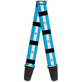 Guitar strap with Argentina flag stripes, black leather ends, and metal adjustment holes