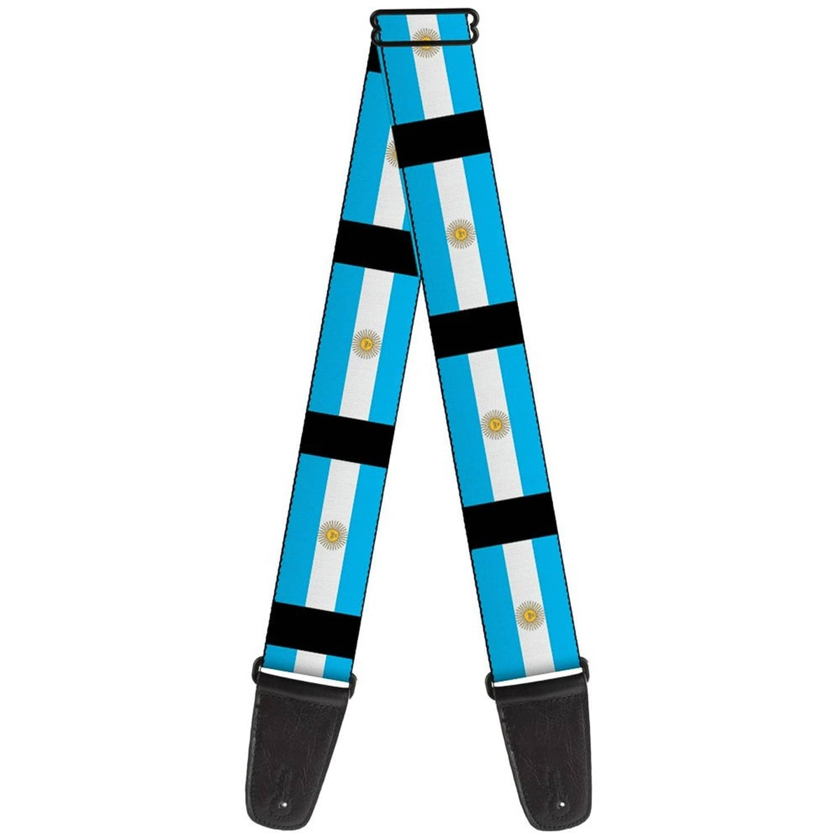Guitar strap with Argentina flag stripes, black leather ends, and metal adjustment holes