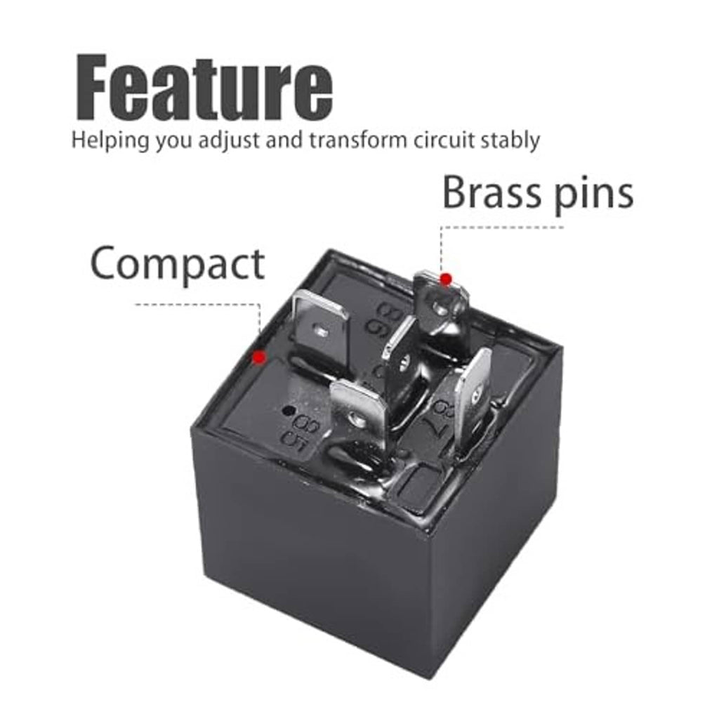 12V tilt relay with exposed brass pins in black plastic housing, compact design