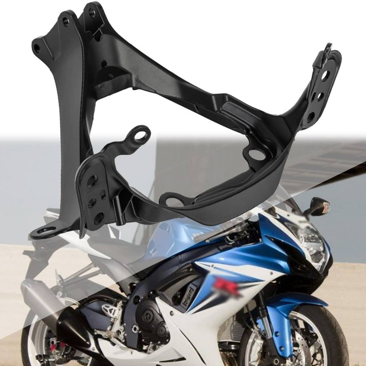 Black front headlight upper stay fairing bracket with mounting holes and curved supports