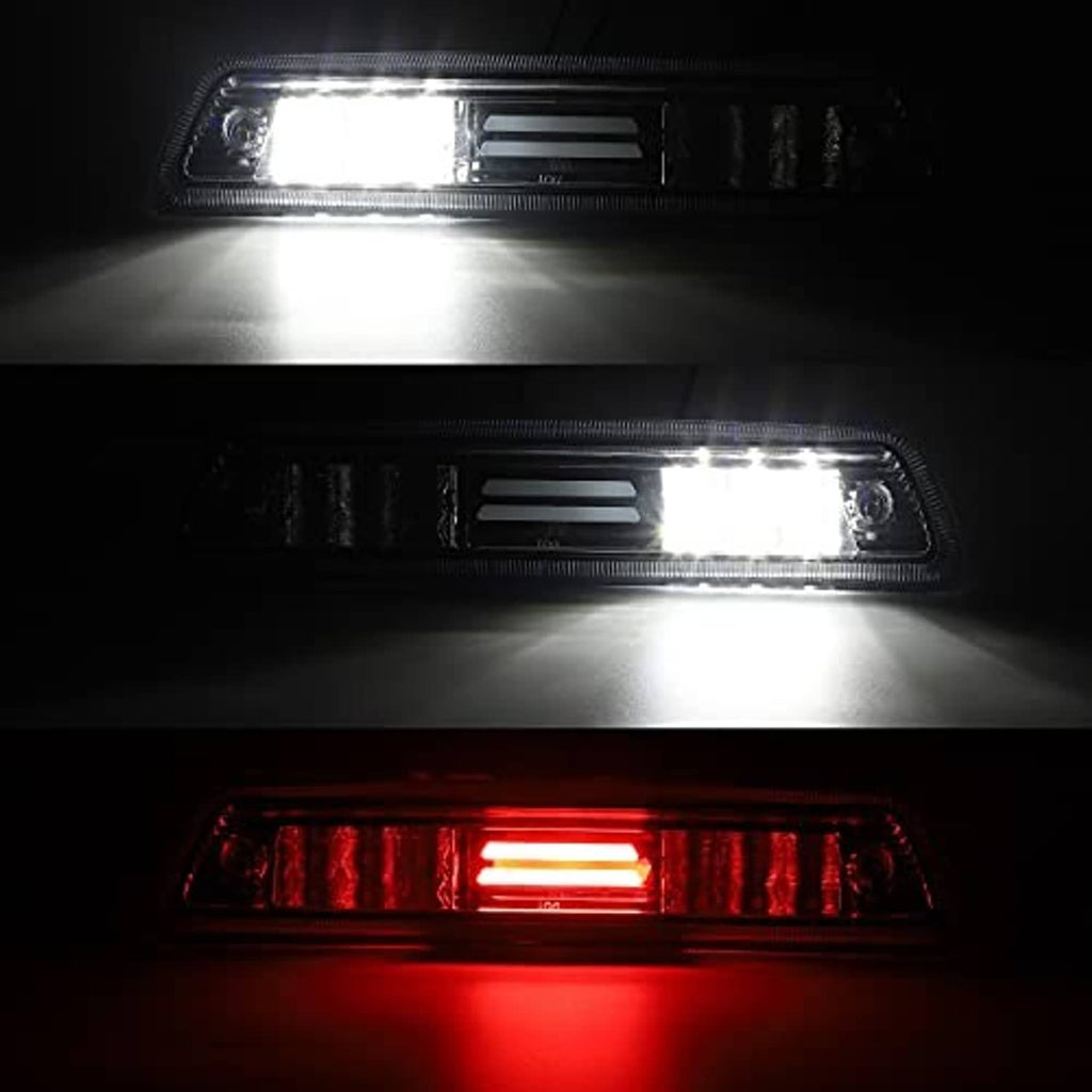 LED 3rd brake light lit on vehicle, red center bar through clear lens