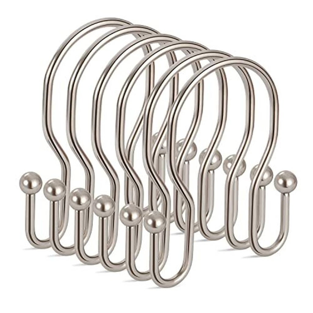 Set of 24 double shower curtain hooks, shiny stainless steel U-shape with ball ends