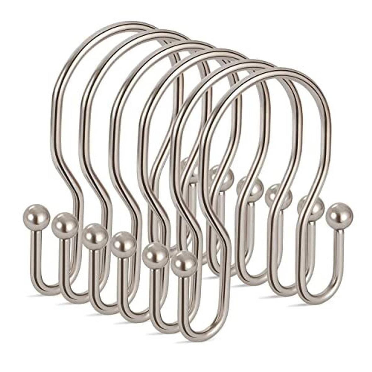Set of 24 double shower curtain hooks, shiny stainless steel U-shape with ball ends