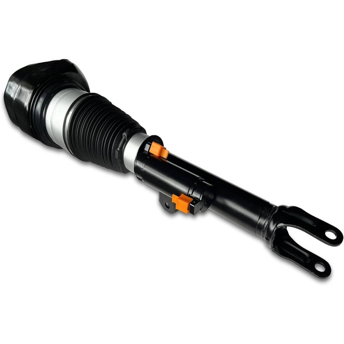 Air suspension shock strut with orange connector clips and black twin-tube body