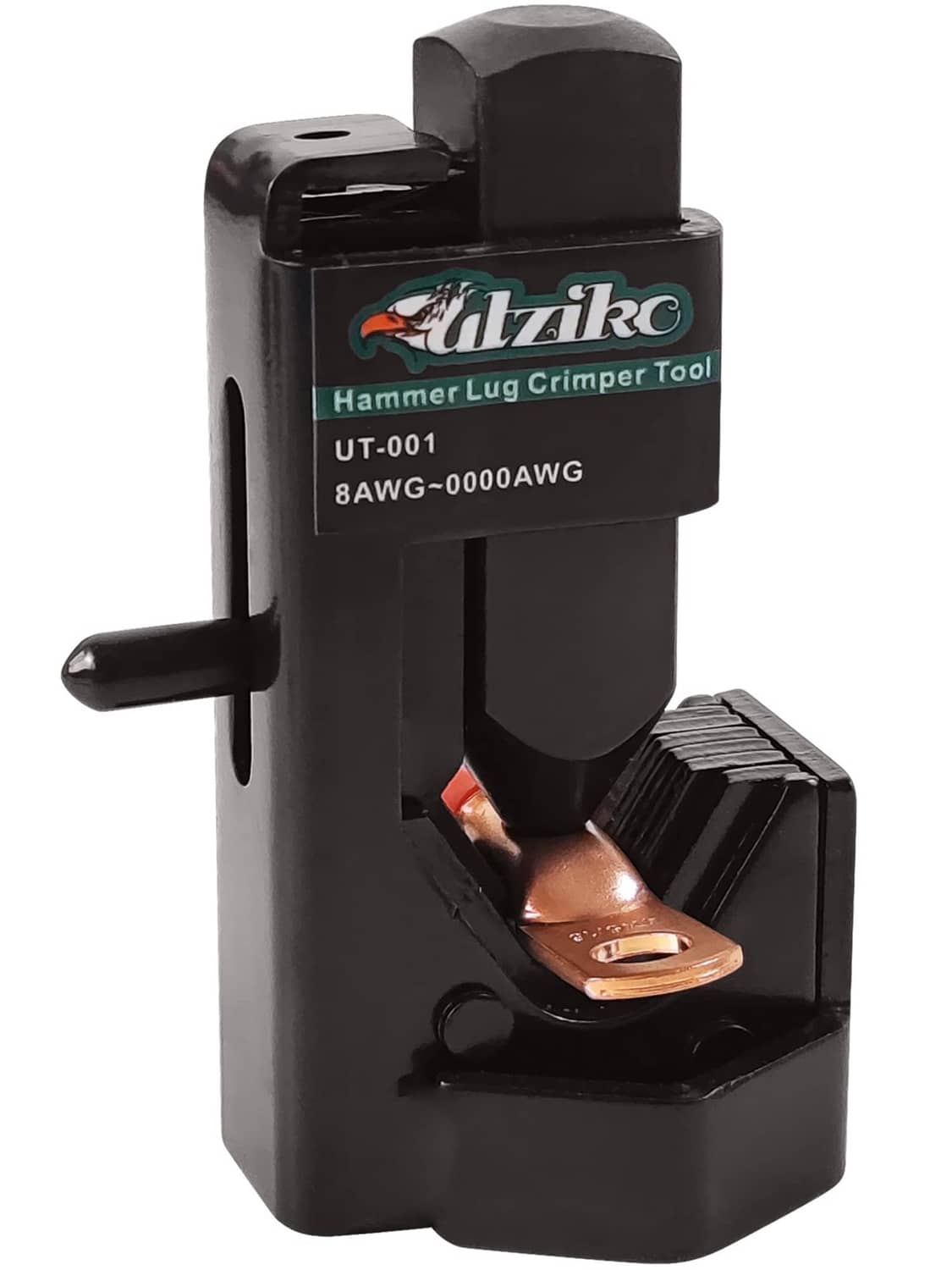 Black hammer lug crimper tool with lever handle and copper connector die area