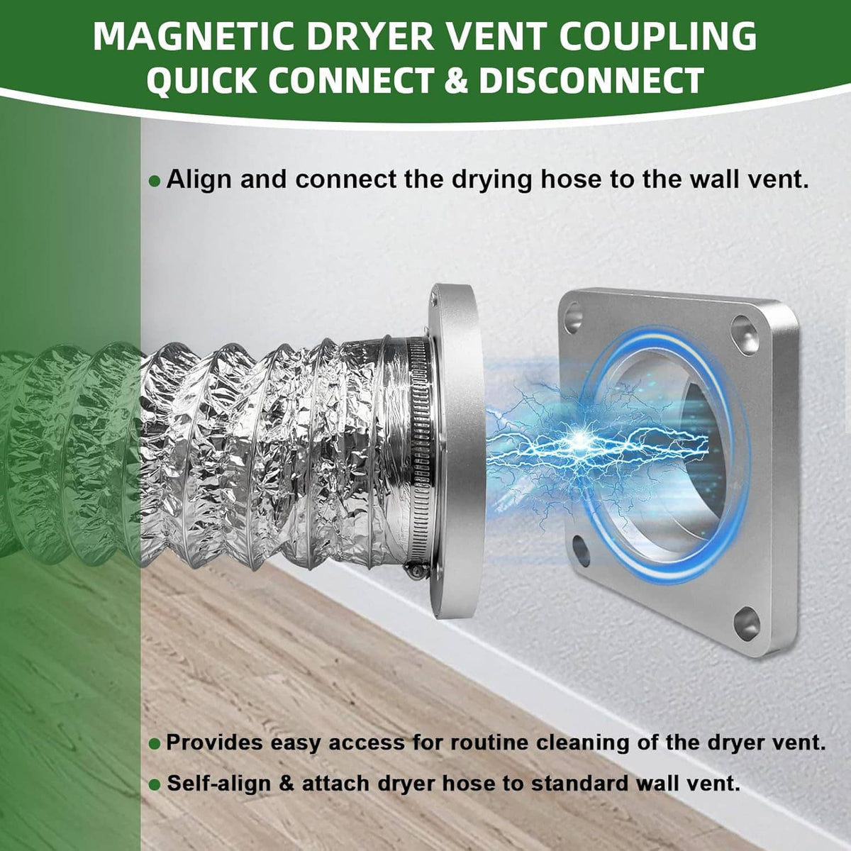 Magnetic dryer vent coupling for quick connect, shown with corrugated hose and wall flange