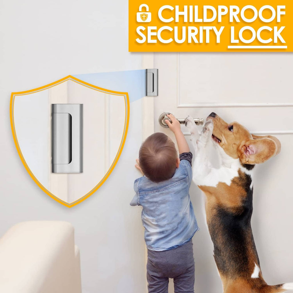Silver childproof security lock mounted on a door with latch