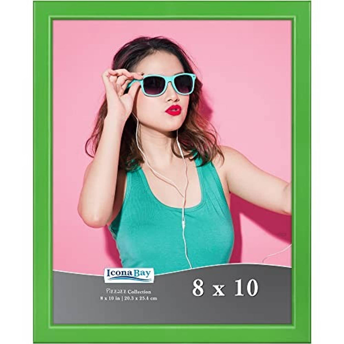 Green solid wood 8x10 picture frame, close-up front view with photo and 8x10 label.