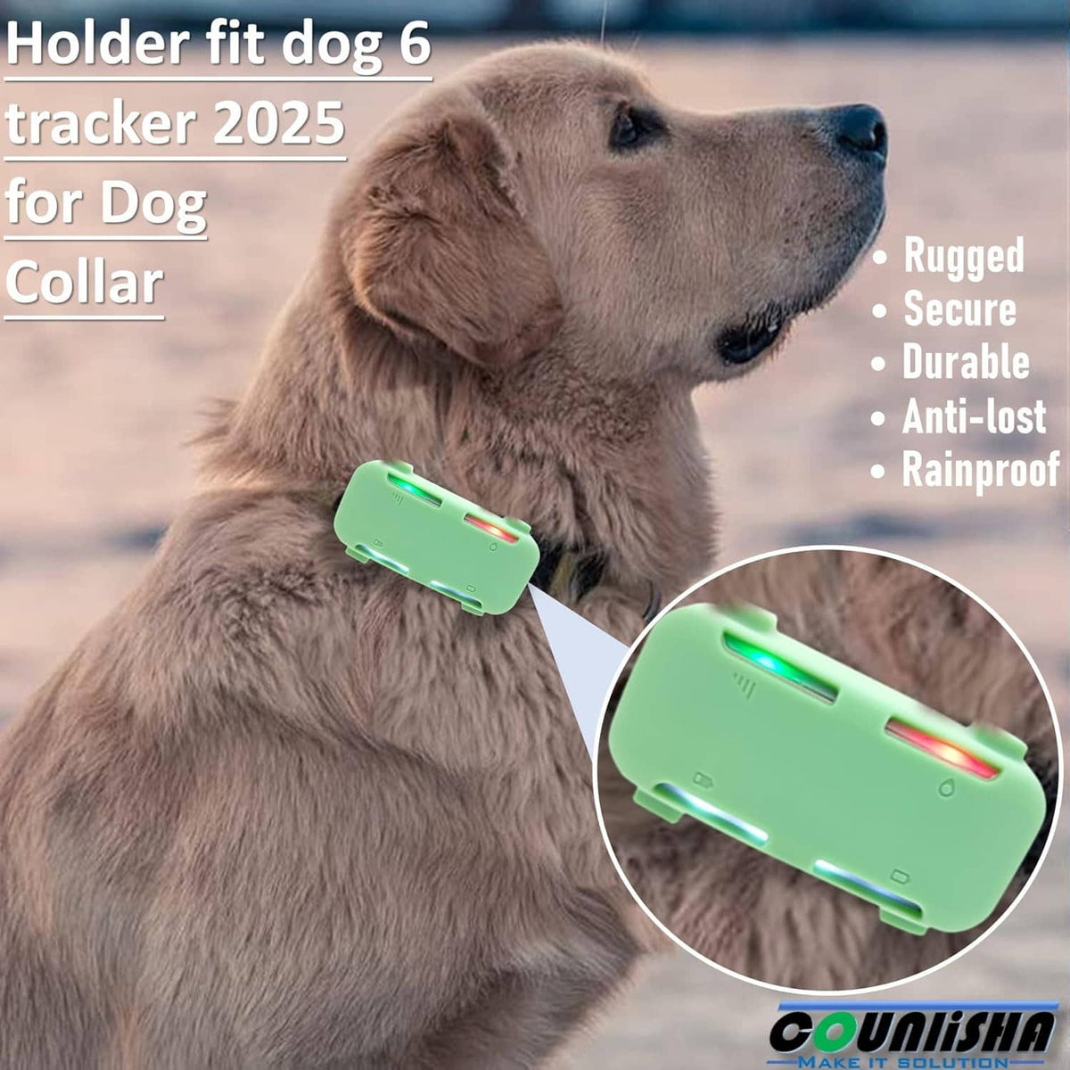 Silicone tracker holder attached to a dog collar, mint case on front view