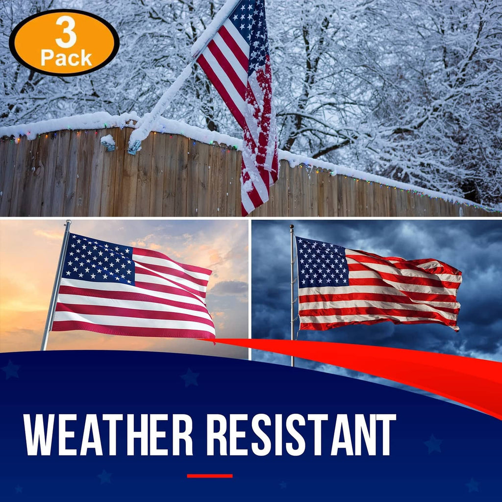 Three outdoor American flags on poles
