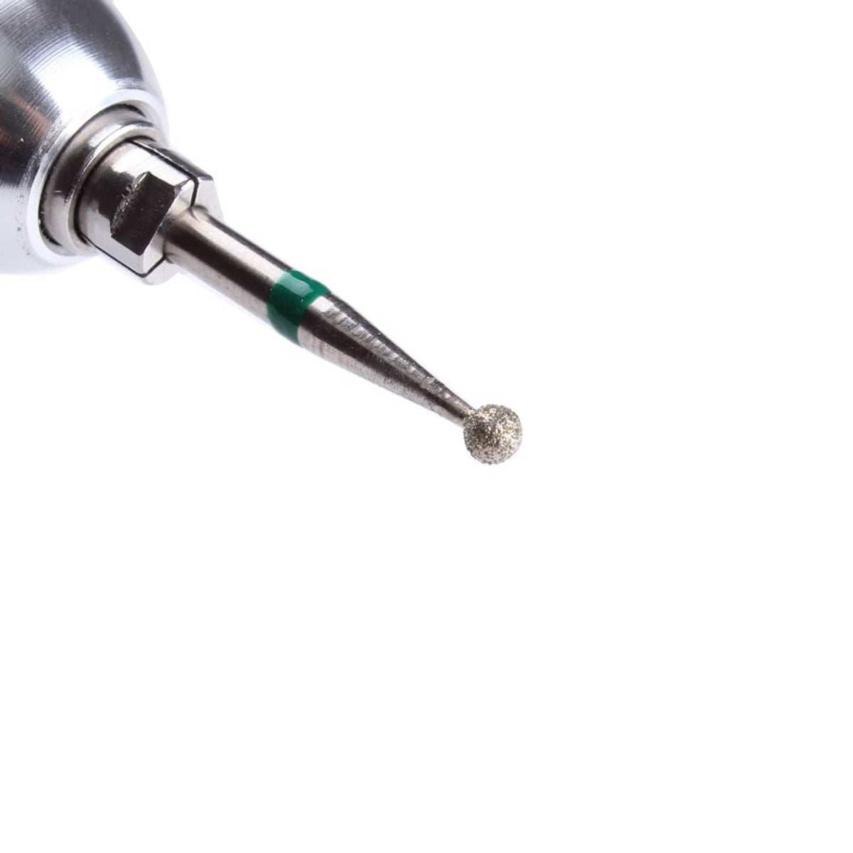 Ball-head diamond nail drill bit with green-ring collar and gray speckled tip